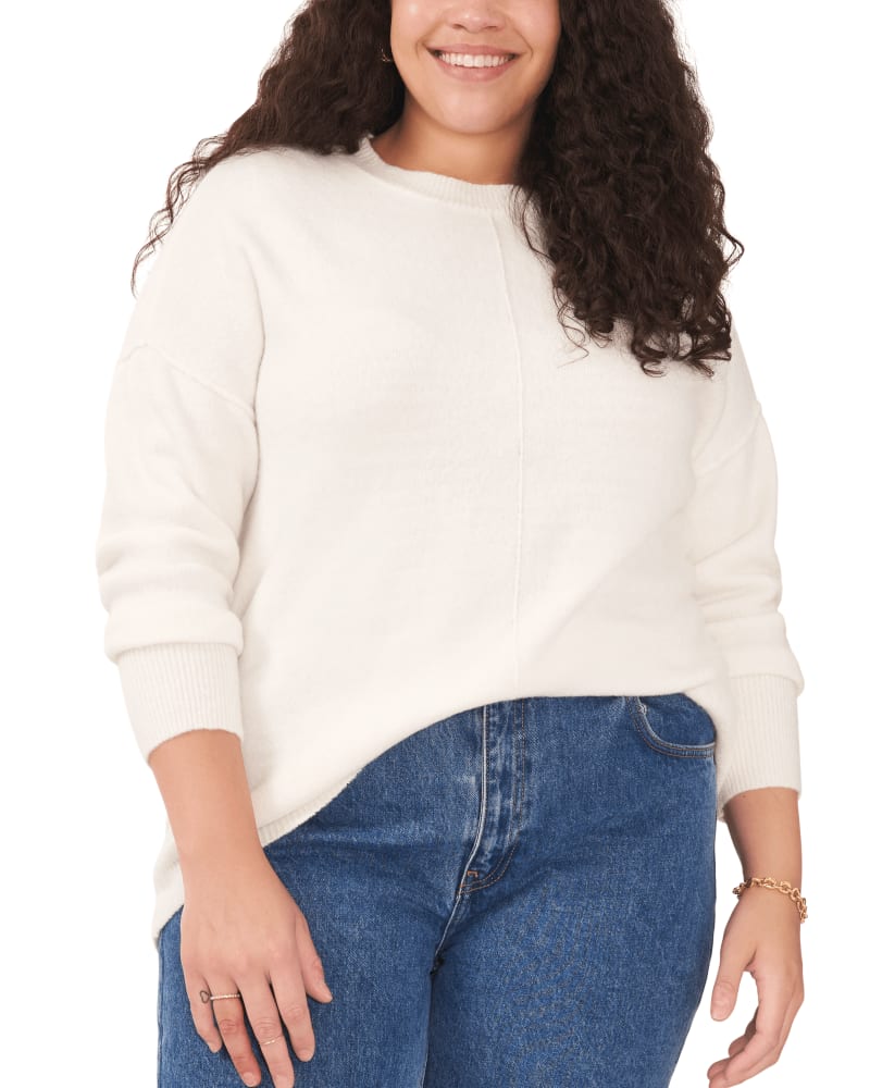 Front of a model wearing a size 1X Carrie Cozy Sweater in ANTIQ WHITE by Vince Camuto. | dia_product_style_image_id:261395